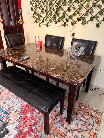 Wooden-top dining table with 4 chairs and bench - set of 5