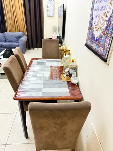 Wooden Dining Table with 4 Upholstered Chairs - Good Condition