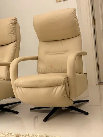 Beige Leather Recliner Armchair with Ottoman - Good Condition