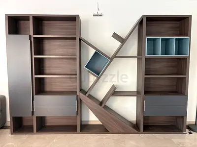 Modern asymmetrical wall bookshelf unit - walnut finish, built-in storage