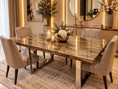 Marina Home Railway Wood Modern Top Glass Dining Table