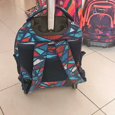 Wheeled trolley backpack - colorful geometric print, good condition