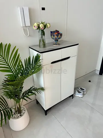 Wooden Shoe Cabinet — Marble Top, Metal Legs