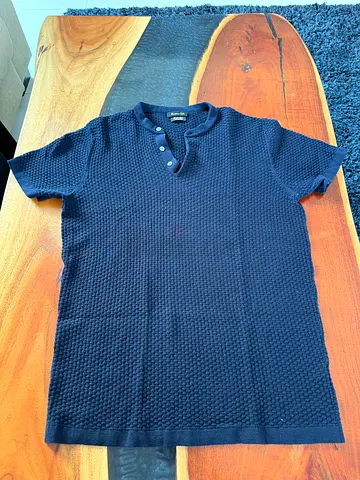 Men's Navy Textured Short-Sleeve Polo Shirt - Medium