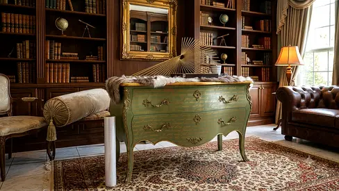 Antique Green French-style Chest of Drawers (Dresser) in Good Condition Attellier
Monceau