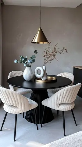 Round black dining table with 4 cream upholstered chairs| Custom made dining table with chairs