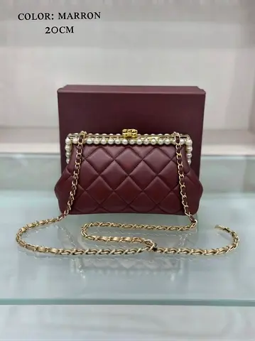 Chanel Maroon Quilted Pearl-Trim Mini Chain Shoulder Bag - 20cm