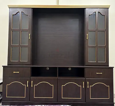 Strong Custom Dark Wood Entertainment Center with Glass Doors and Storage