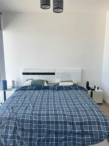 Queen size modern white bed frame with headboard, nightstands