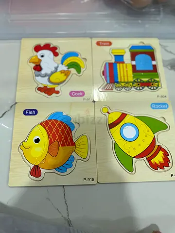 Set of 4 Wooden Peg Puzzles – Chicken, Train, Fish, Rocket (NEW Condition)
