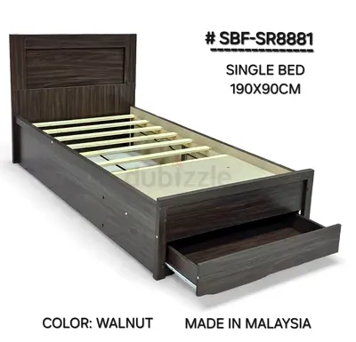 Single Walnut Wooden Bed with Under-bed Drawer (190 x 90 cm with mattress
