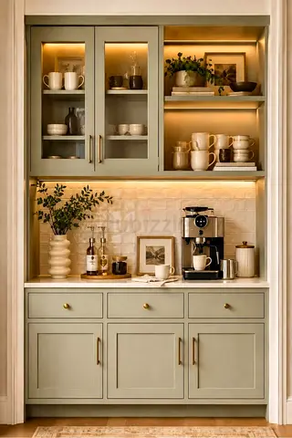 Built-in Kitchen Coffee Station Cabinet with Glass Doors and Shelves