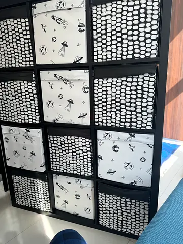 IKEA Kallax-style 12-cube shelving unit with fabric drawers (black) — good condition