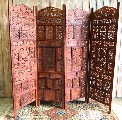 Hand-carved Wooden 4-Panel Folding Room Divider / Decorative Screen
