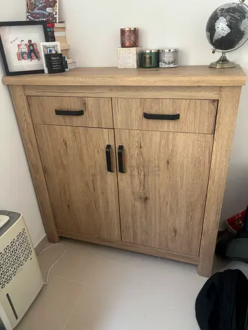 Oak-finish Storage Cabinet with Double Doors and Drawer