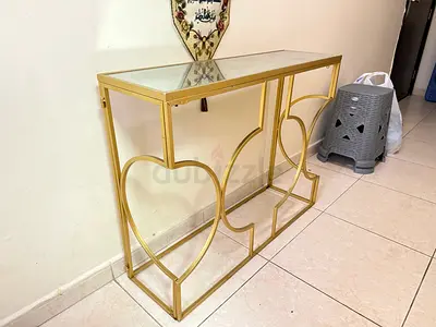 Gold Metal Console Table with Glass Top and Heart Design