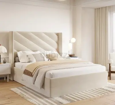 Customised Modern Upholstered Bed with Diagonal Patterned Headboard