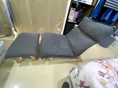 2 sets of Muji Recliners Grey fabric chaise lounge with wooden base - good condition