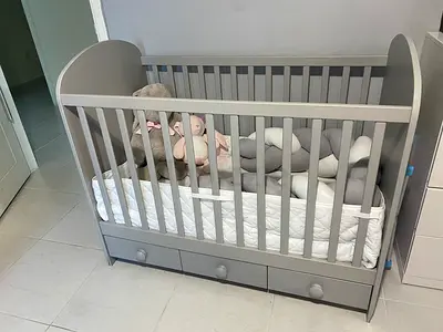 Wooden Baby Crib with 3 Drawers - Grey, Good Condition