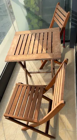 Wooden Folding Bistro Table with Two Matching Chairs - Good Condition