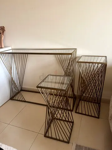 Set of 3 metal and glass nesting side tables / console table