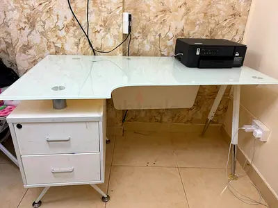 White Glass Top Office Desk with Drawers - Good Condition