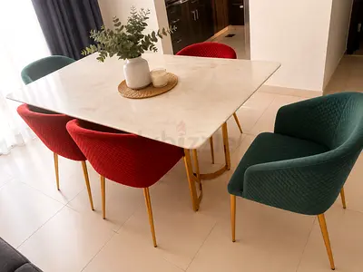 Marble-top Dining Table with 6 Upholstered Chairs (Gold Legs)