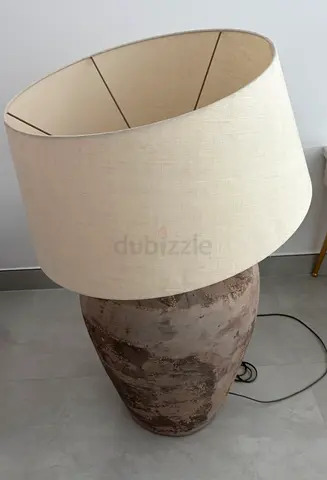 Oversized rustic ceramic floor lamp with linen shade
