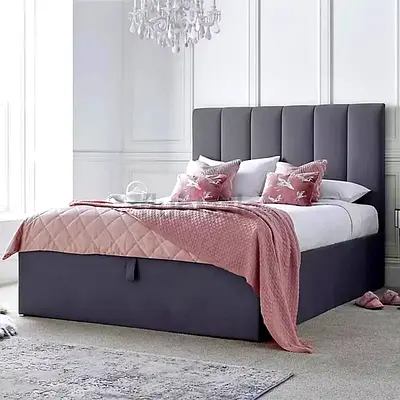 New Grey Upholstered Double Bed with Padded Headboard and Mattress