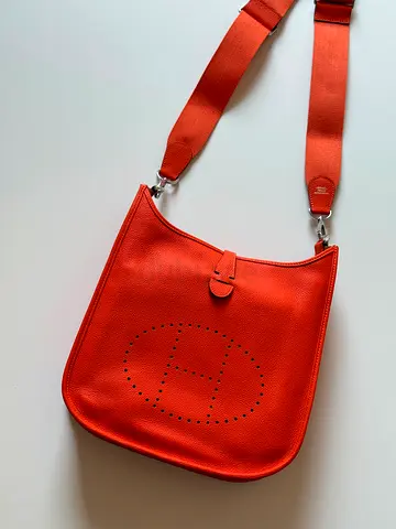 Hermess Orange Leather Crossbody Bag with Wide Strap