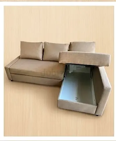 Beige L-Shaped Sofa Bed with Built-in Storage