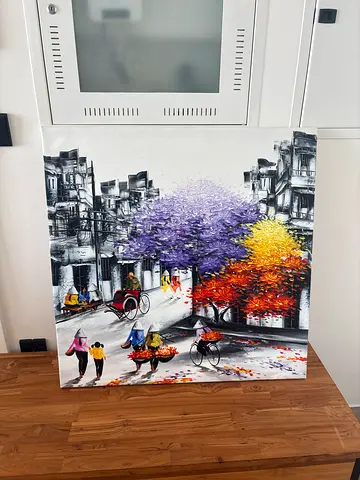 Framed Colorful Cityscape Painting with Textured Trees - Ready to Hang