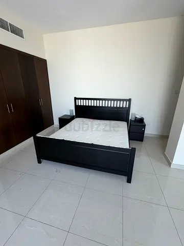 IKEA - Solid wood king-size bed frame with mattress, bedside tables and lamps