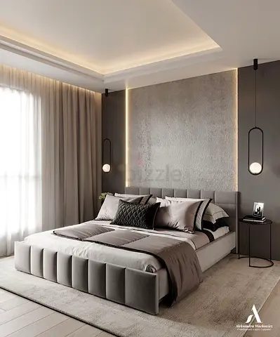 Modern upholstered Queen bed with padded headboard and base