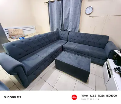 L-shaped Tufted Grey Fabric Sofa Set with Ottoman - Good Condition