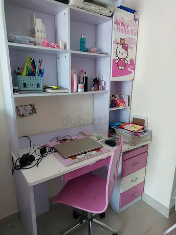 White and Pink Kids Study Desk with Shelves and Drawers and bed with mattress and cover (Hello kitty