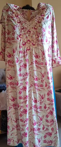 Light beige and pink floral long kaftan dress, size likely M-L