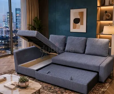Elegant Corner Sofa Bed with storage box. Flexible left/right installation to suit your room. Availa