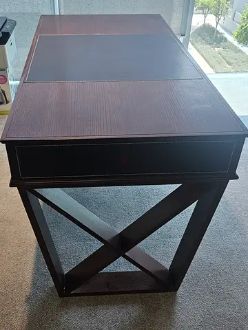 Dark Wood Side Table with Leather Inset and X-Frame Base