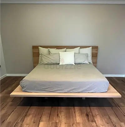 Floating Low Platform Wooden (Walnut) Extra King Size Bed with Headboard.