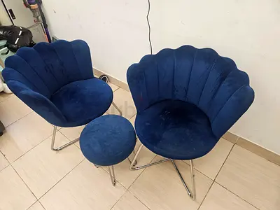 Set of 2 Blue Velvet Shell Chairs with Matching Ottoman from danube