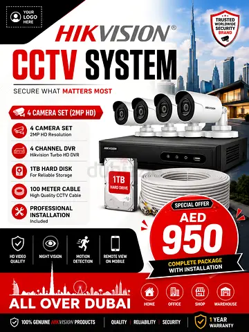 Hikvision 2 mp hd  4-camera CCTV System Complete Package – 1TB HDD, 100m Cable, Installation