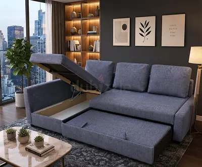 Premium Fabric Sofa Bed featuring spacious storage and convertible design. Left or right configurati