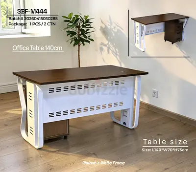 140cm Walnut Office Desk with White Metal Frame and Under-drawer