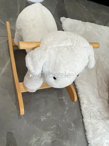 Plush White Lamb Rocking Toy on Wooden Base - Good Condition