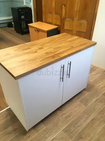 Small Kitchen Island / Storage Cabinet with Wooden Top - White