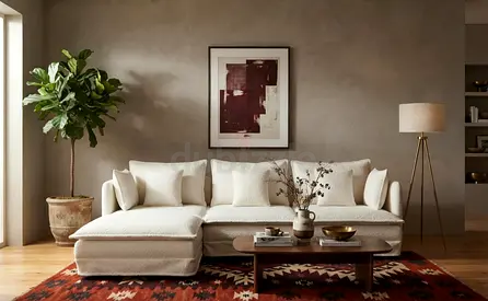 Modern designer sofa with soft cushions. Different colors and flexible layout available.