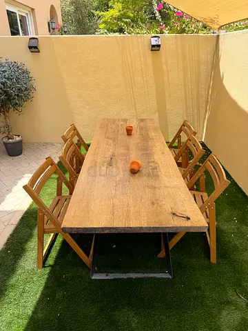 Solid Wood Outdoor Dining Table with 6 Folding Chairs - Rustic Finish