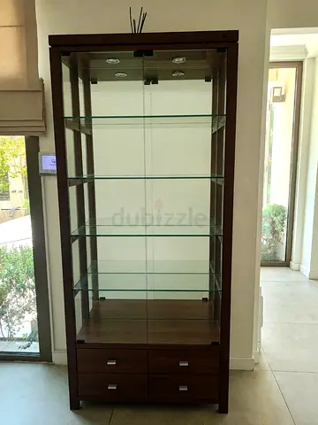 Wooden Glass Display Cabinet with 4 Drawers - Dark Finish