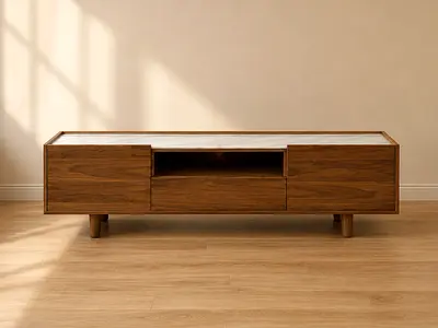 Modern Walnut TV Stand with Marble Top